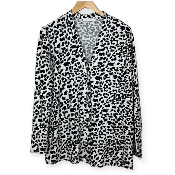AMARYLLIS White Leopard Print Knit Long Snap Button Cardigan LARGE V Neck Soft - Picture 5 of 9
